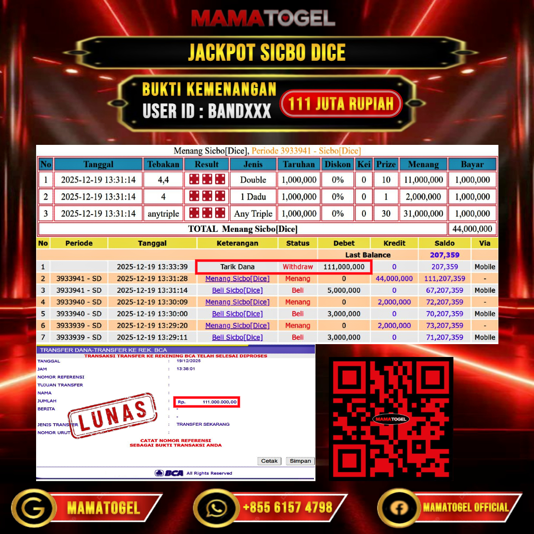 MAMATOGEL JACKPOT LIVE GAME SICBO DICE Rp. 111.000.000,- LUNAS USER ID  :  BAND***