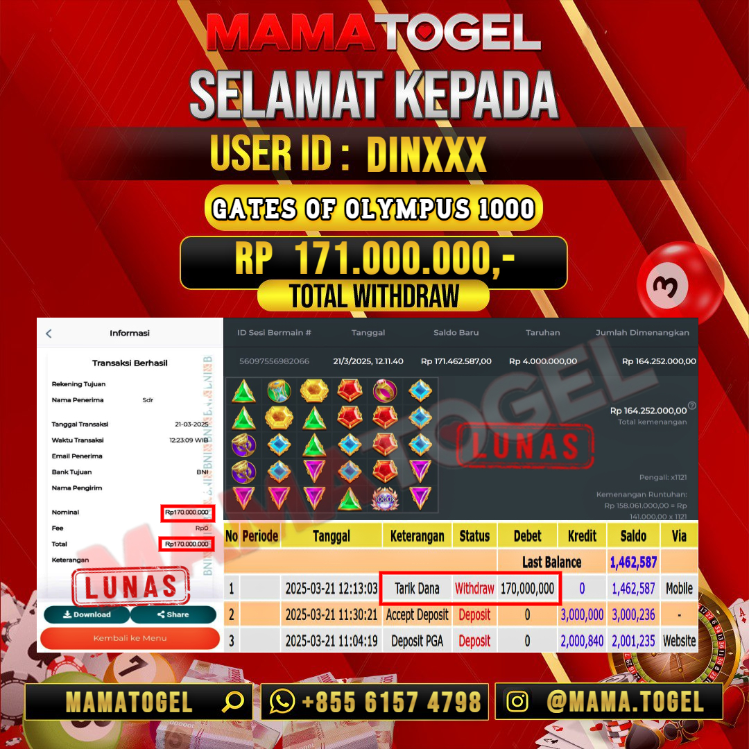 MAMATOGEL JACKPOT GATES OF OLYMPUS 1000 Rp.171.000.000,- LUNAS USER ID : DIN***