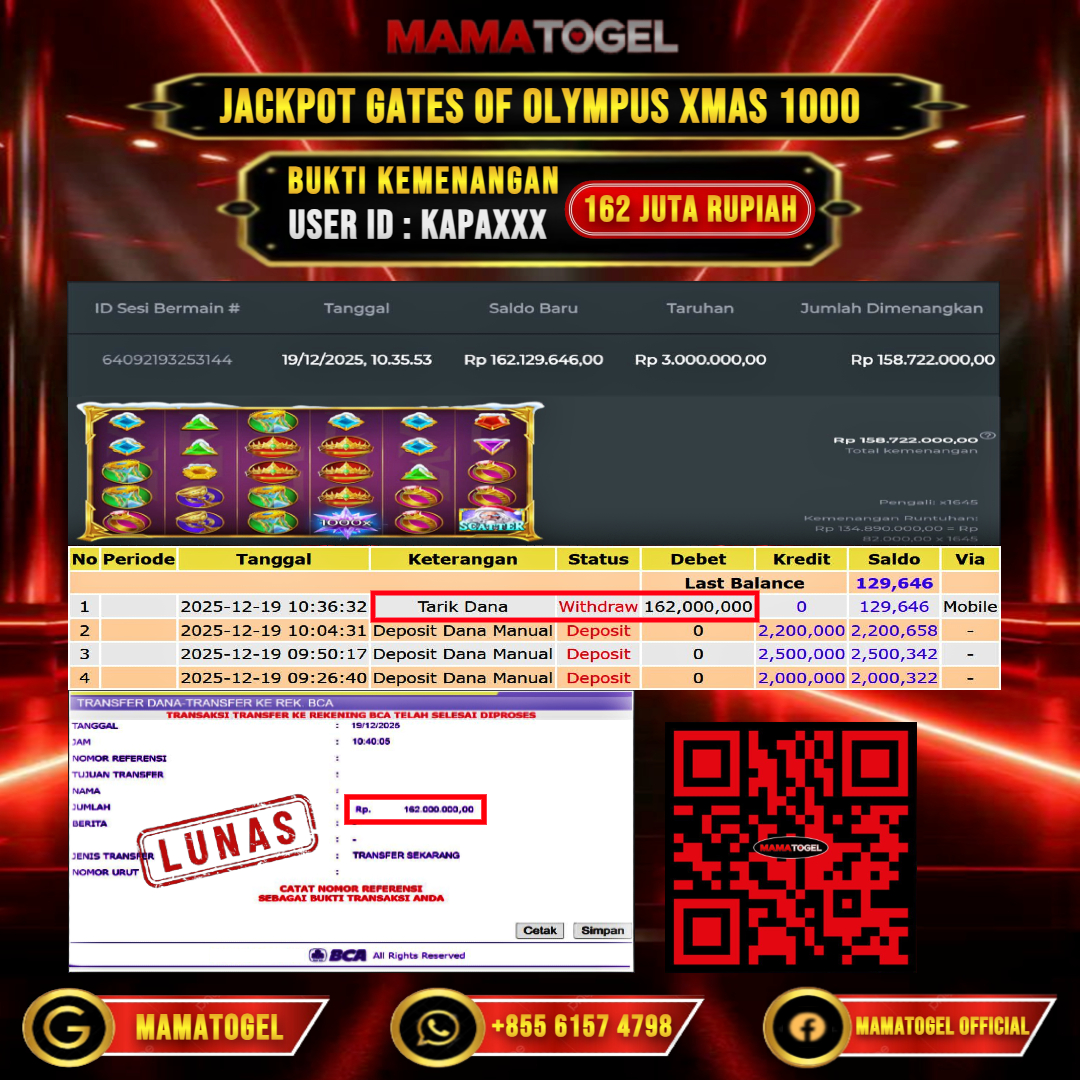 MAMATOGEL JACKPOT SLOT GATES OF OLYMPUS XMAS 1000 Rp. 162.000.000,- LUNAS USER ID  : KAPA***