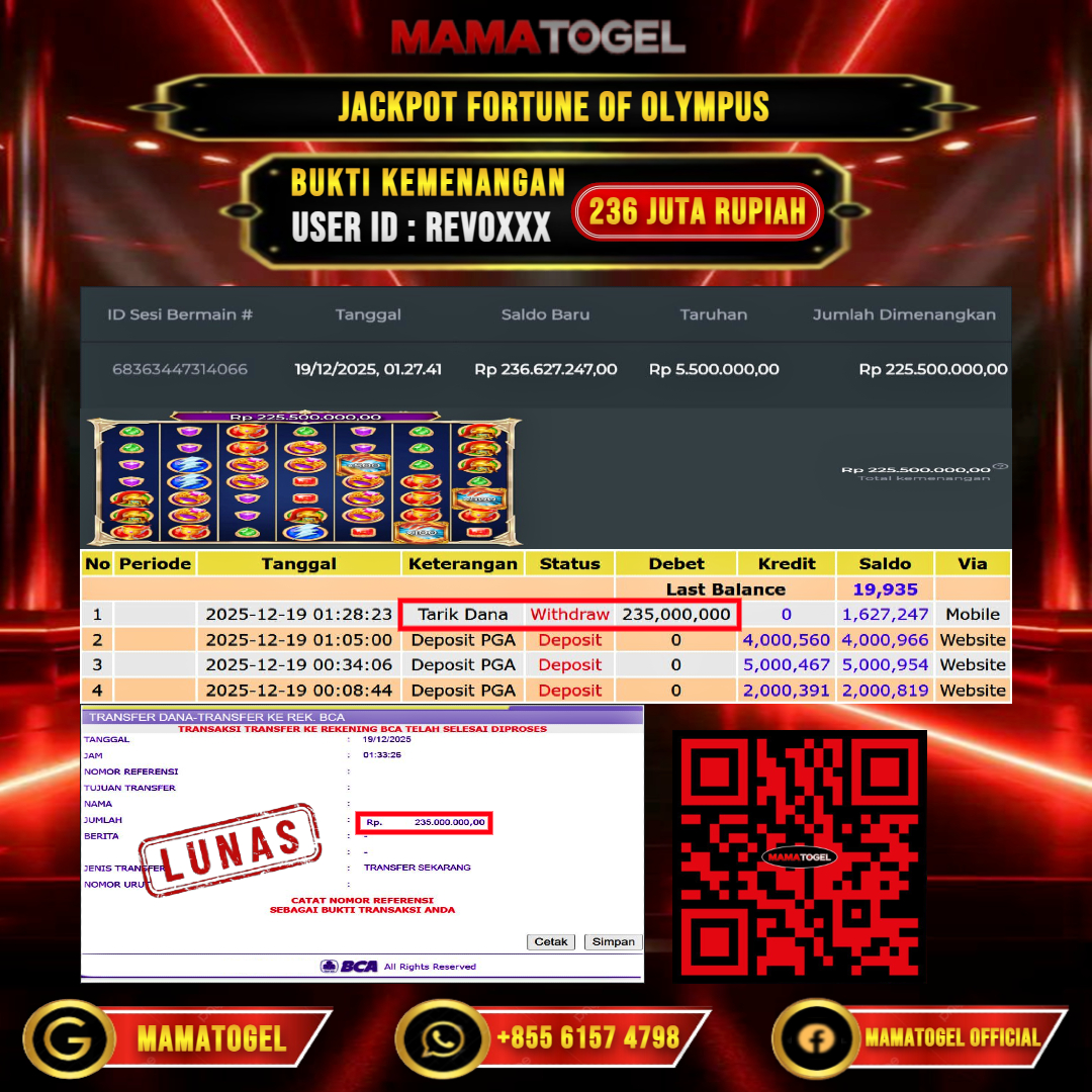 MAMATOGEL JACKPOT SLOT FORTUNE OF OLYMPUS Rp. 236.000.000,- LUNAS USER ID  :  REVO***