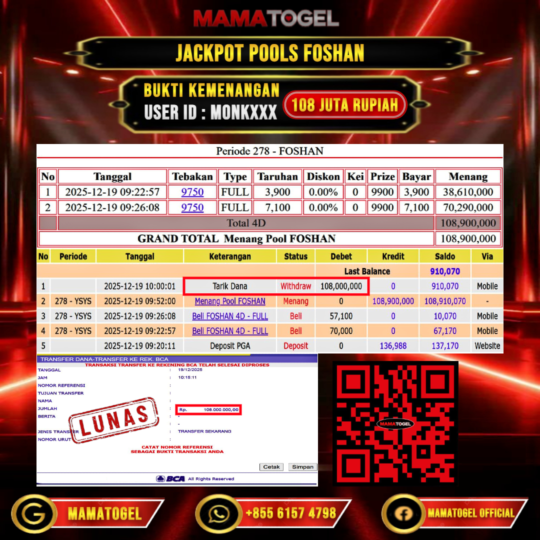 MAMATOGEL JACKPOT TOGEL FOSHAN Rp. 108.000.000,- LUNAS USER ID  : MONK***