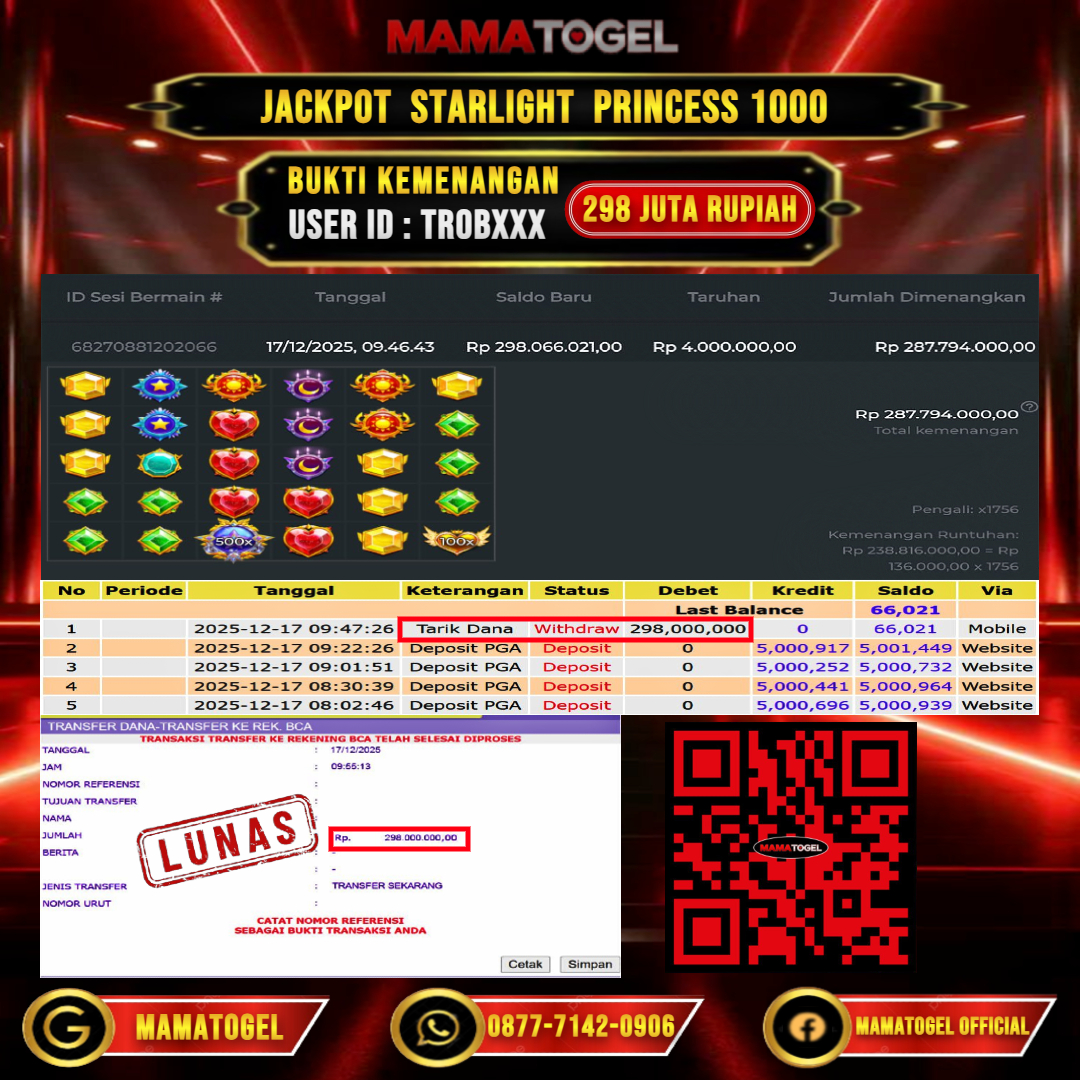 MAMATOGEL JACKPOT SLOT STARLIGHT PRINCESS 1000 Rp. 298.000.000,- LUNAS USER ID  : TROB***