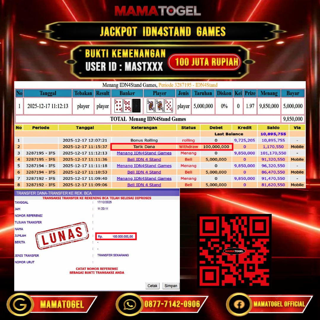 MAMATOGEL JACKPOT LIVE GAME IDN4STAND GAMES Rp. 100.000.000,- LUNAS USER ID  :  MAST***