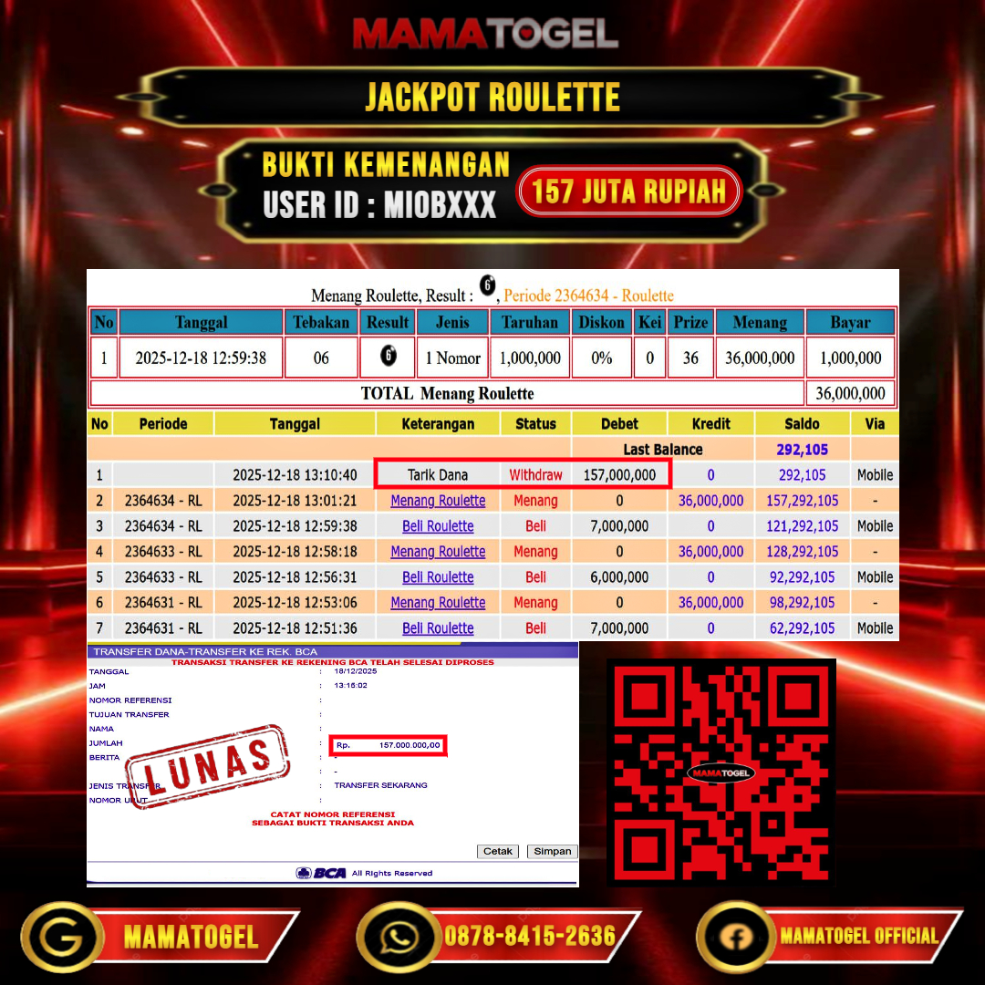 MAMATOGEL JACKPOT LIVE GAME ROULETTE Rp. 157.000.000,- LUNAS USER ID  : MIOB***