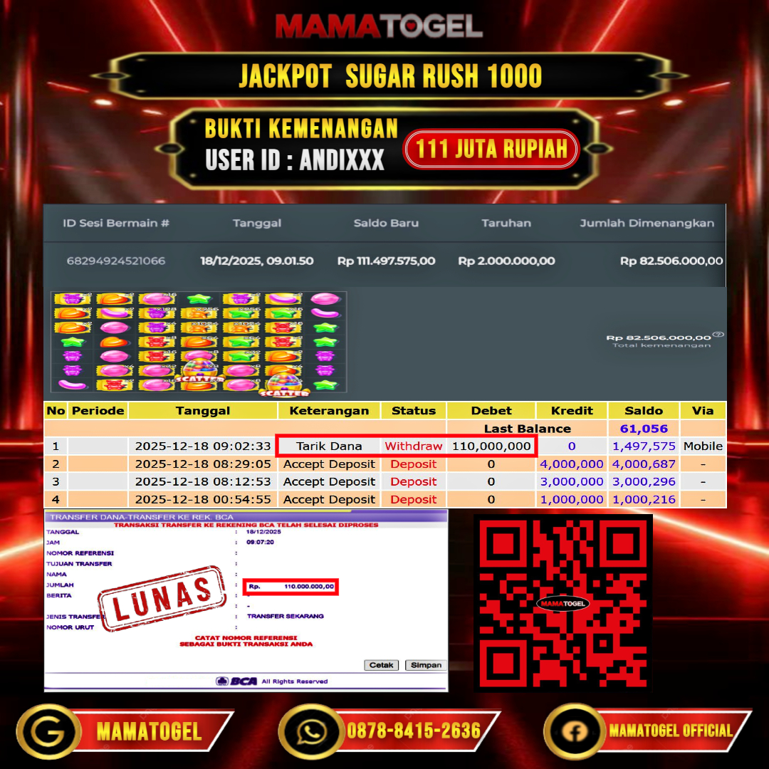 MAMATOGEL JACKPOT SLOT SUGAR RUSH 1000 Rp. 111.000.000,- LUNAS USER ID  : ANDI***