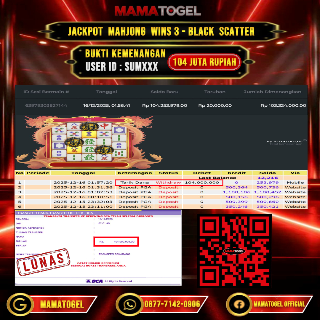 MAMATOGEL JACKPOT SLOT MAHJONG WINS 3 - BLACK SCATTER Rp. 104.000.000,- LUNAS USER ID  :  SUM***